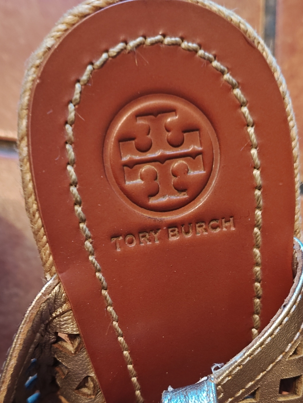 Tory Burch Metallic Bronze Laser-Cut Wedge Sandals - Picture 2 of 8